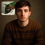 A curious tabby cat peeks over a soft white blanket, its wide eyes fixed on the camera, with a colorful patterned rug and shaggy carpet in the background, creating a cozy indoor scene.