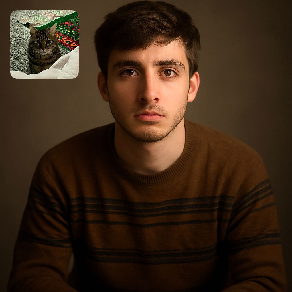 A curious tabby cat peeks over a soft white blanket, its wide eyes fixed on the camera, with a colorful patterned rug and shaggy carpet in the background, creating a cozy indoor scene.