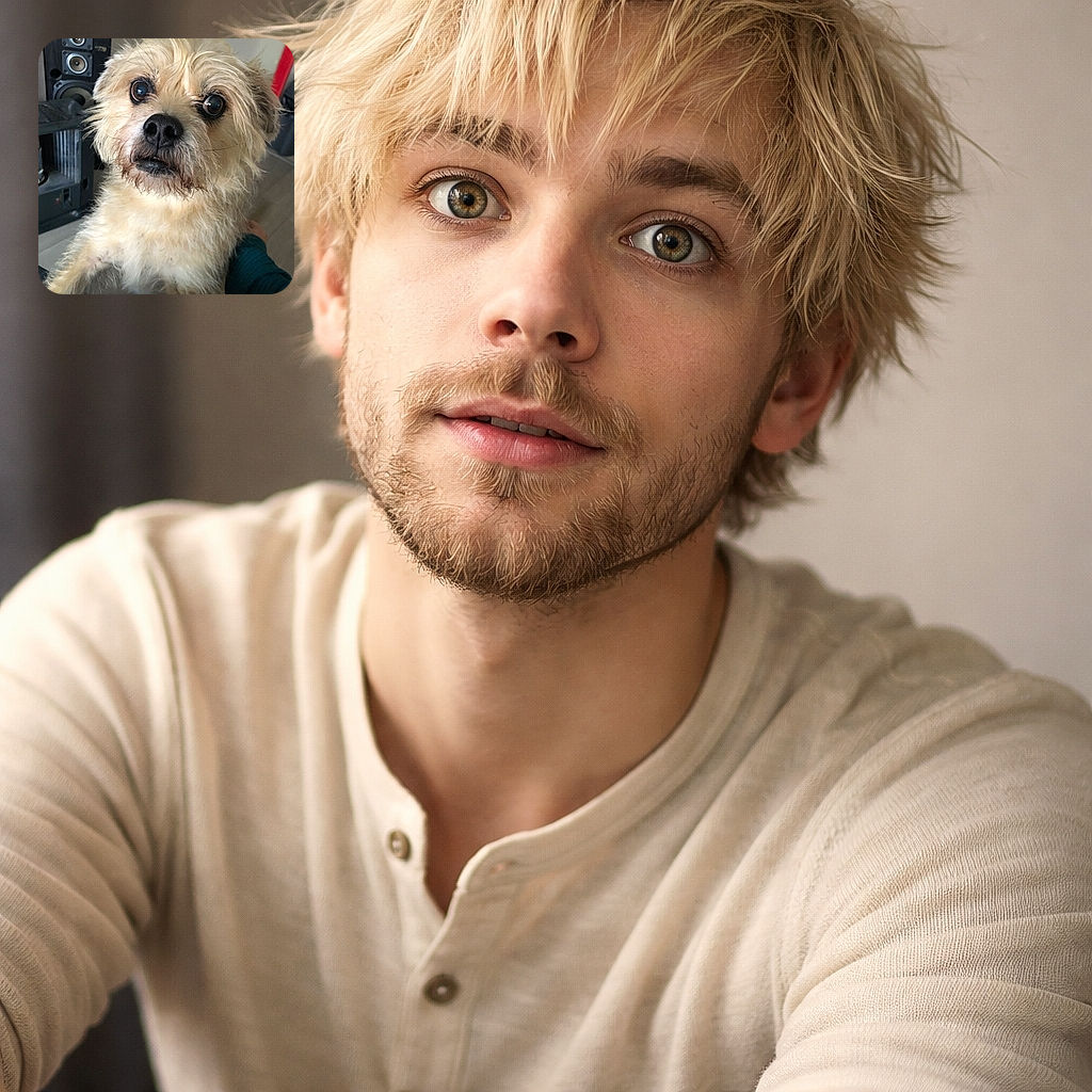 A scruffy, wide-eyed dog stares up like it just heard the word 'treat' — nose front and center, whiskers gloriously messy, with a speaker and a human hand photobombing the background.