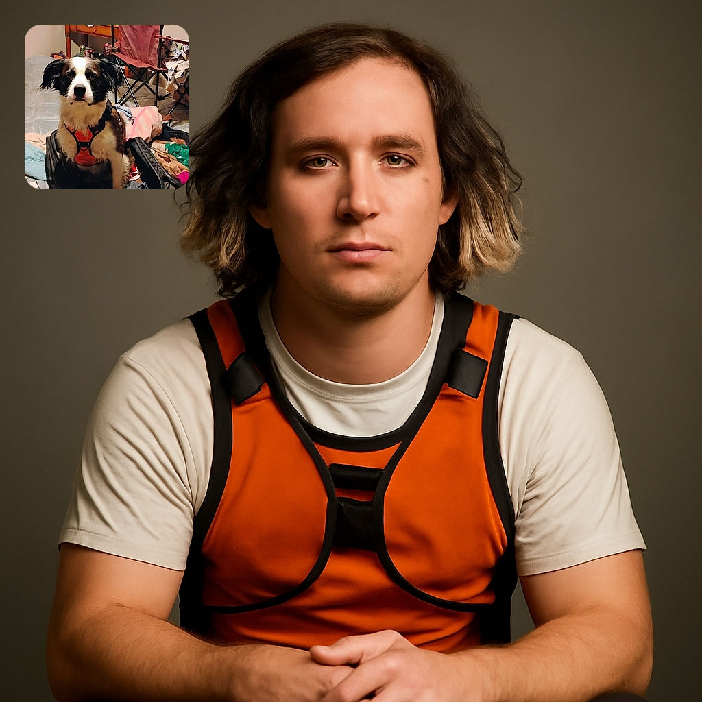 A patient dog wearing an orange harness sits obediently inside an open suitcase amidst a cluttered room with a folding chair, lamp, and various household items scattered around.