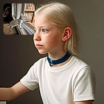 A curious white kitten with a blue collar stands on a beige ottoman, peering intently out a window at the sunny wooden deck outside, capturing a cozy and inquisitive moment indoors.