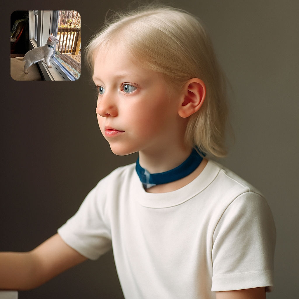 A curious white kitten with a blue collar stands on a beige ottoman, peering intently out a window at the sunny wooden deck outside, capturing a cozy and inquisitive moment indoors.