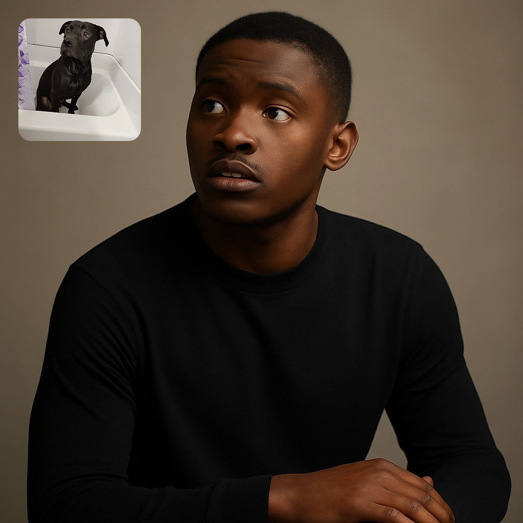 A sleek black dog sitting patiently in a white bathtub, looking slightly off to the side with curious eyes. The bathroom setting is simple with a purple floral shower curtain partially visible, and the lighting is soft but a bit dim, giving a candid and cozy vibe.