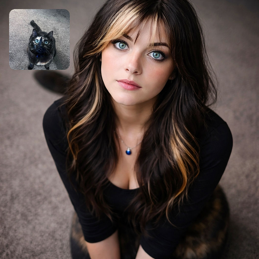 A wide-eyed tortoiseshell cat with startling blue eyes and a tiny blue bell stares up with theatrical intensity from a carpet stage — whiskers fanned, ears alert, tail flicked behind like a question mark. The neutral carpet and a hint of furniture in the top edge keep the focus squarely on this desperate-for-treats expression.