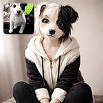 A fluffy white puppy with a cute black patch over one eye is sitting on a person's lap inside a car, looking straight at the camera with big, shiny eyes. The background shows a grassy outdoor area, adding a fresh vibe to this adorable moment.