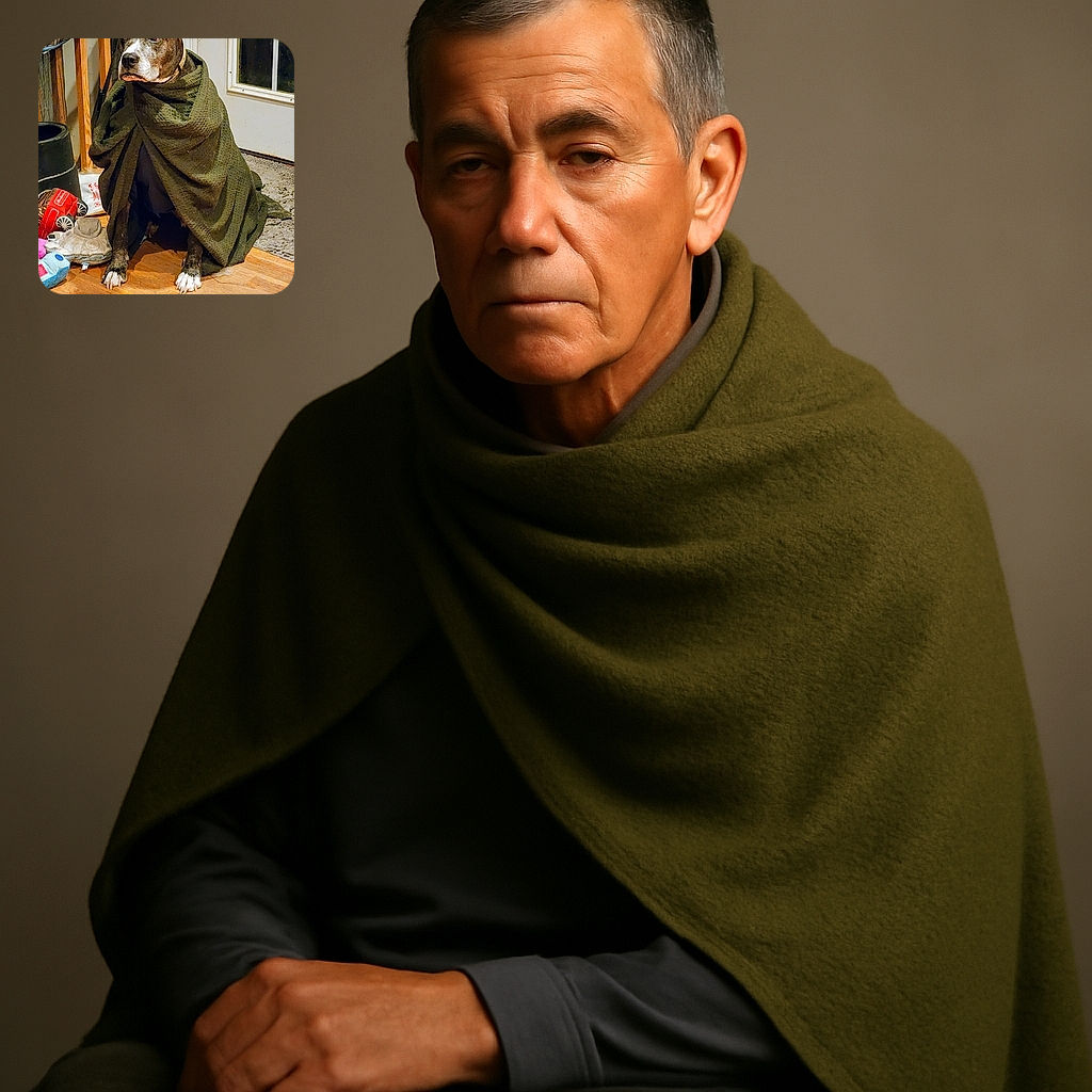 A patient dog wrapped in a cozy green blanket sits indoors on a wooden floor surrounded by various dog toys and household items, looking off to the side with a calm, thoughtful expression.