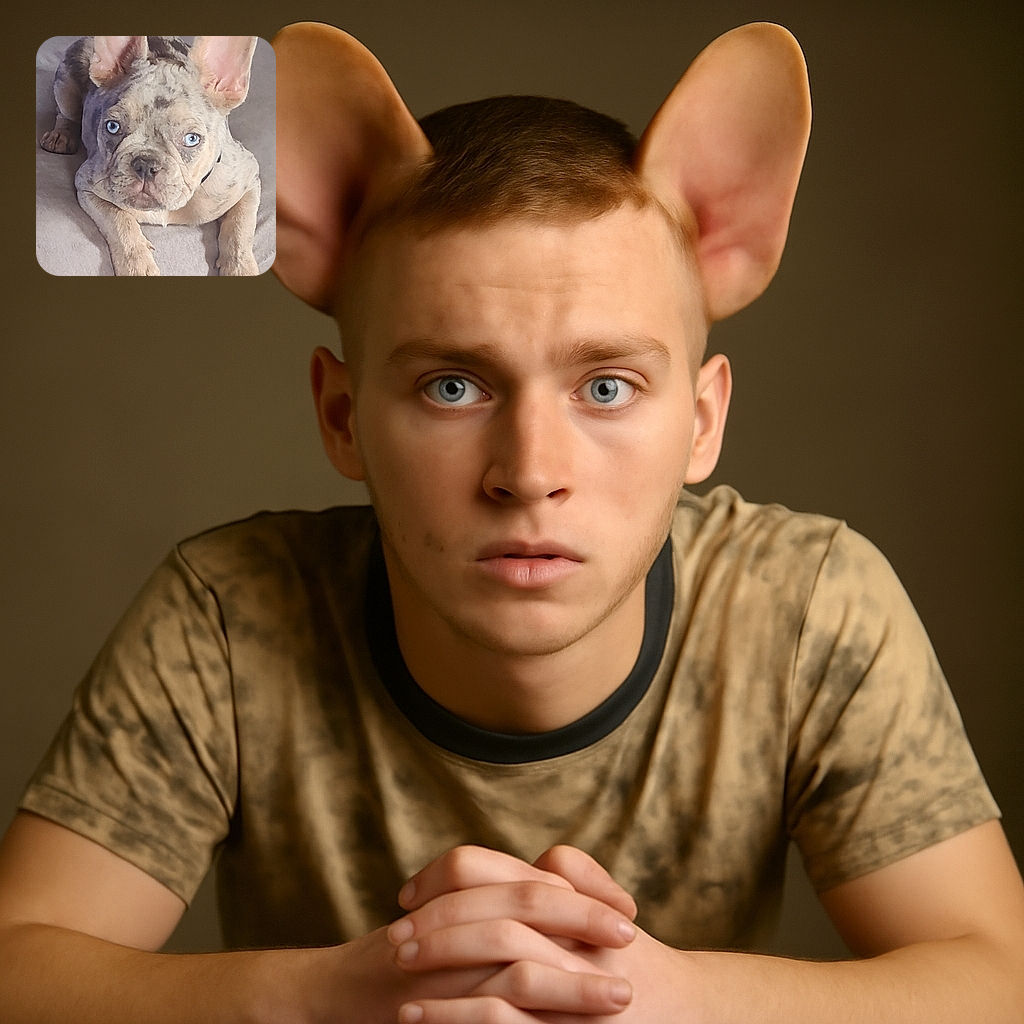 A charming French Bulldog puppy with striking blue eyes and large ears lounges comfortably on a soft, neutral-colored surface, looking curiously at the camera with an adorable, slightly serious expression.