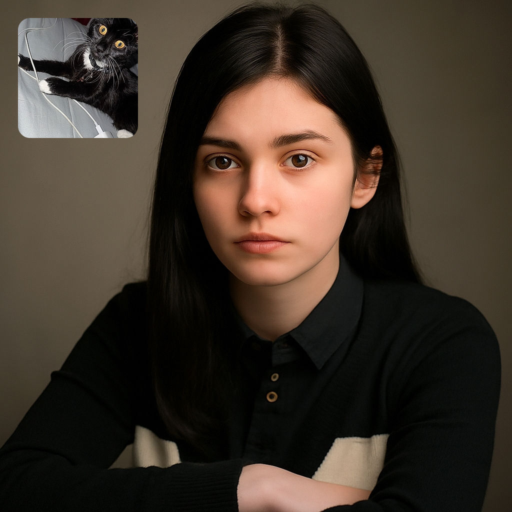 A curious tuxedo cat with striking yellow eyes and white paws is lounging on a bed next to a white charger cable, looking directly at the camera with an inquisitive expression.