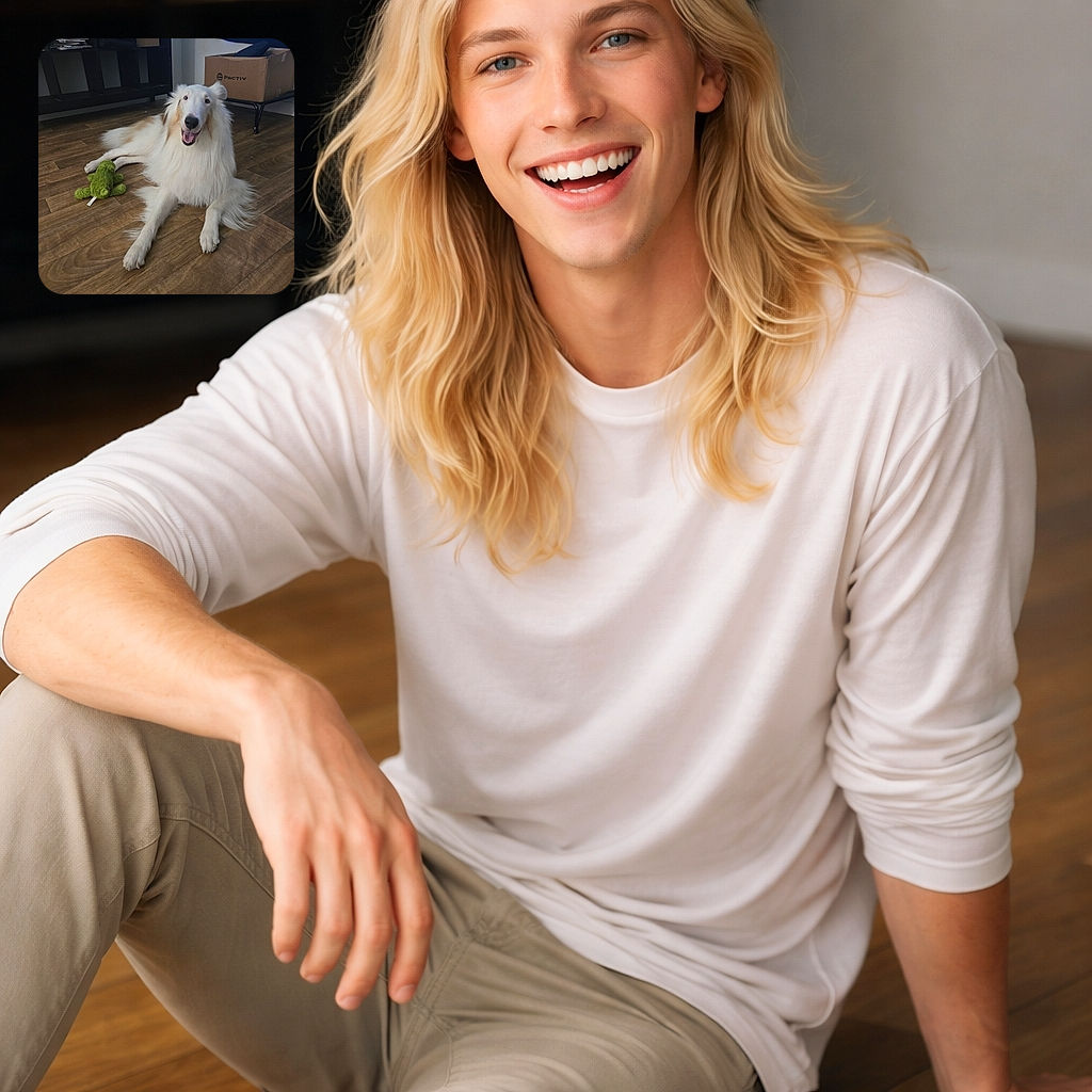 A fluffy white dog with tan patches lounges happily on a wooden floor next to a green plush toy frog, surrounded by a cozy room with a cardboard box and dark shelving unit in the background.