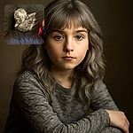 A fluffy gray tabby cat is curled up comfortably in the corner of a dark leather couch, looking up with big, curious eyes and an adorable tilted head, as if caught mid-thought or ready for a cuddle.