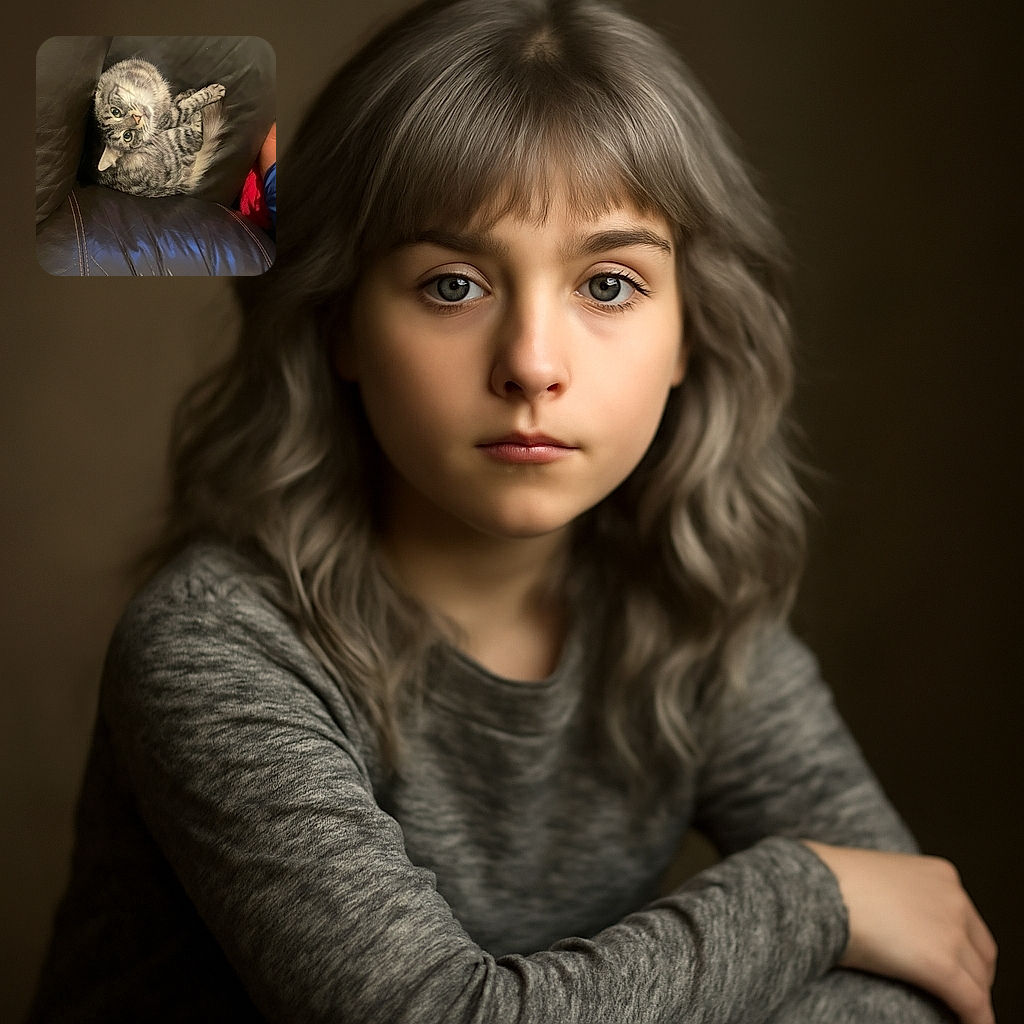 A fluffy gray tabby cat is curled up comfortably in the corner of a dark leather couch, looking up with big, curious eyes and an adorable tilted head, as if caught mid-thought or ready for a cuddle.