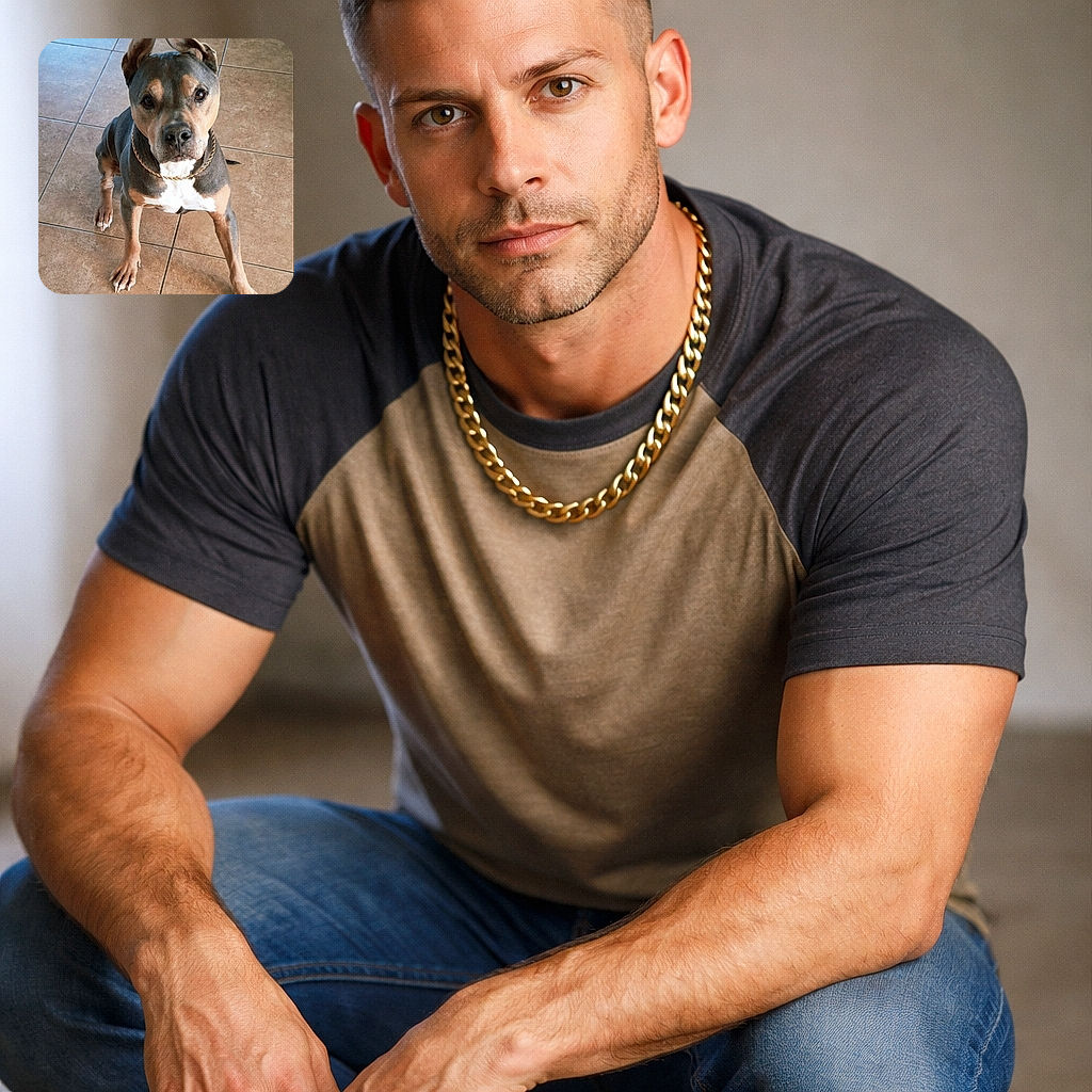 A charming dog with a gold chain collar sits attentively on a tiled floor, ears perked up like it's ready to strike a pose for the camera. The lighting highlights its expressive eyes and muscular build, making it look both regal and playful. The TikTok Lite watermark and username are visible in the corner, adding a modern social media vibe.