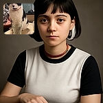 A curious black and white cat with a red collar sits attentively behind a textured glass of water on a wooden table, with a casually dressed person partially visible in the background, creating a cozy indoor scene.