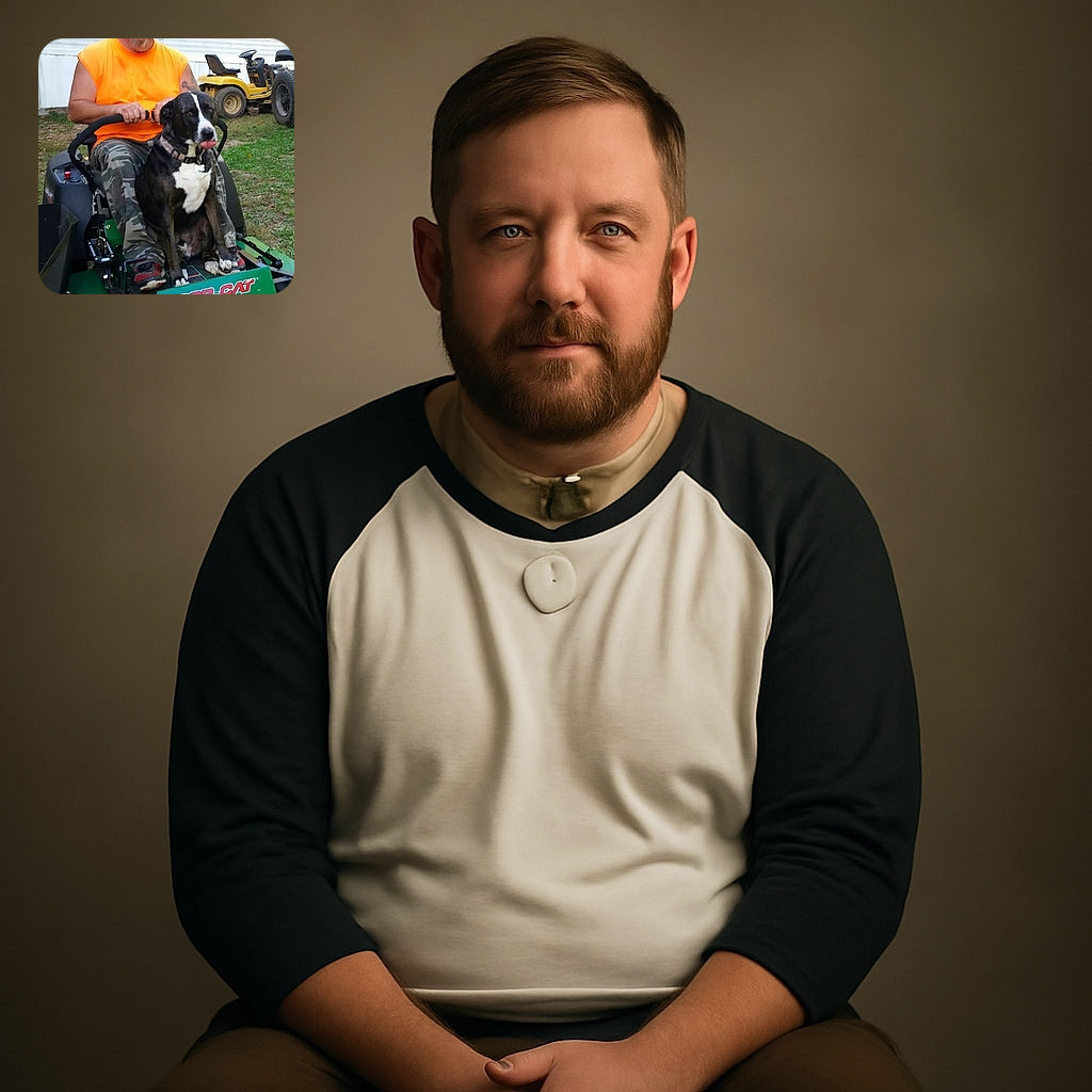 A man in a bright orange sleeveless shirt and camo pants sits on a green Bob-Cat lawn mower with a large black and white dog sitting on his lap, tongue out in a humorous and relaxed pose. The background shows a white trailer and some outdoor equipment, giving a casual, rural vibe.