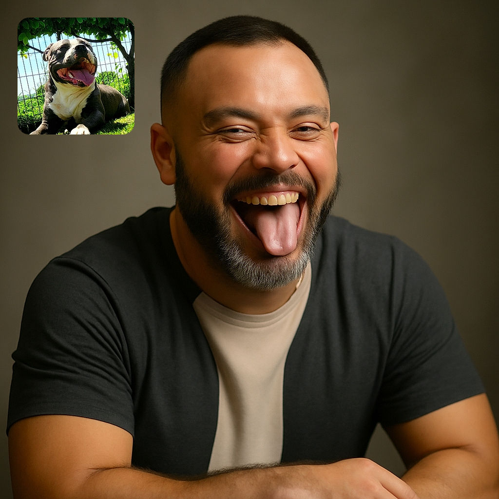 A happy, panting dog lies on the grass in the sunshine, basking in the warm light with a big smile and tongue out, framed by leafy green trees and a wire fence in the background.