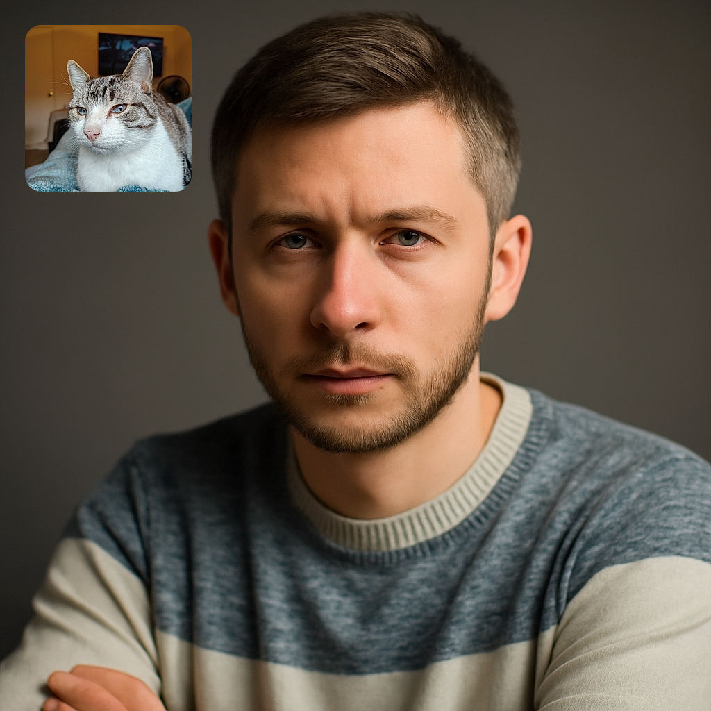 A close-up portrait of a calm cat with striking blue eyes, resting comfortably on a soft blue blanket. The background shows a cozy indoor setting with a TV and a fan slightly out of focus, highlighting the cat's serene expression and detailed fur texture.
