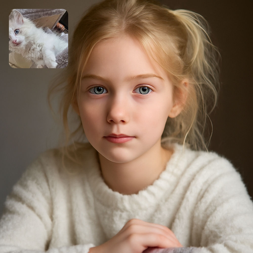 A fluffy white kitten with striking blue eyes clings adorably to a soft gray surface, looking curiously off to the side with a slightly tilted head, surrounded by cozy indoor elements.