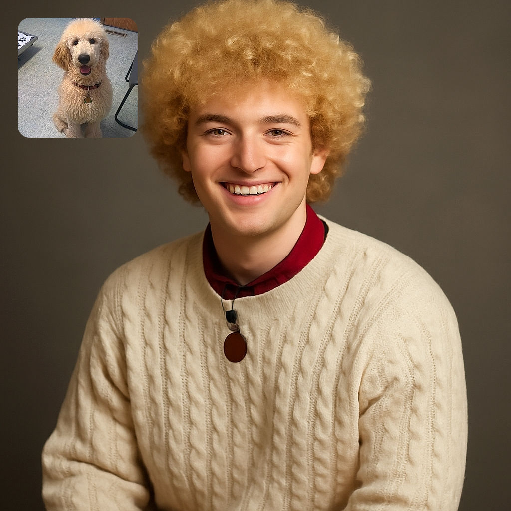 A fluffy, curly-haired dog sits happily on a tiled floor with its mouth open in a joyful expression. To the left, there's a raised platform covered with a paw-print patterned fabric, and to the right, a simple black chair. The setting looks like a cozy indoor space, possibly a veterinary office or a pet grooming area.