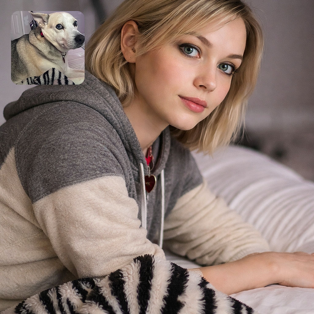 A skeptical blue-eyed dog gives a majestic side-eye from the bed, collar and tag glinting like tiny medals while a zebra-striped blanket bounces in the foreground — clearly judging your snack choices.