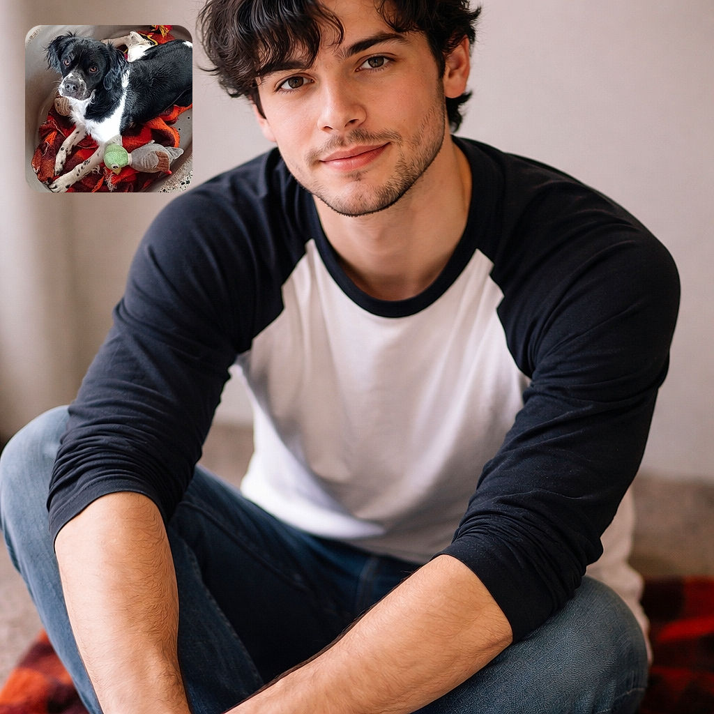 A charming black and white dog lounges comfortably in a worn plastic dog bed lined with a cozy red and orange blanket, surrounded by a couple of plush toys, looking up with soulful eyes as if asking for a treat or a belly rub.