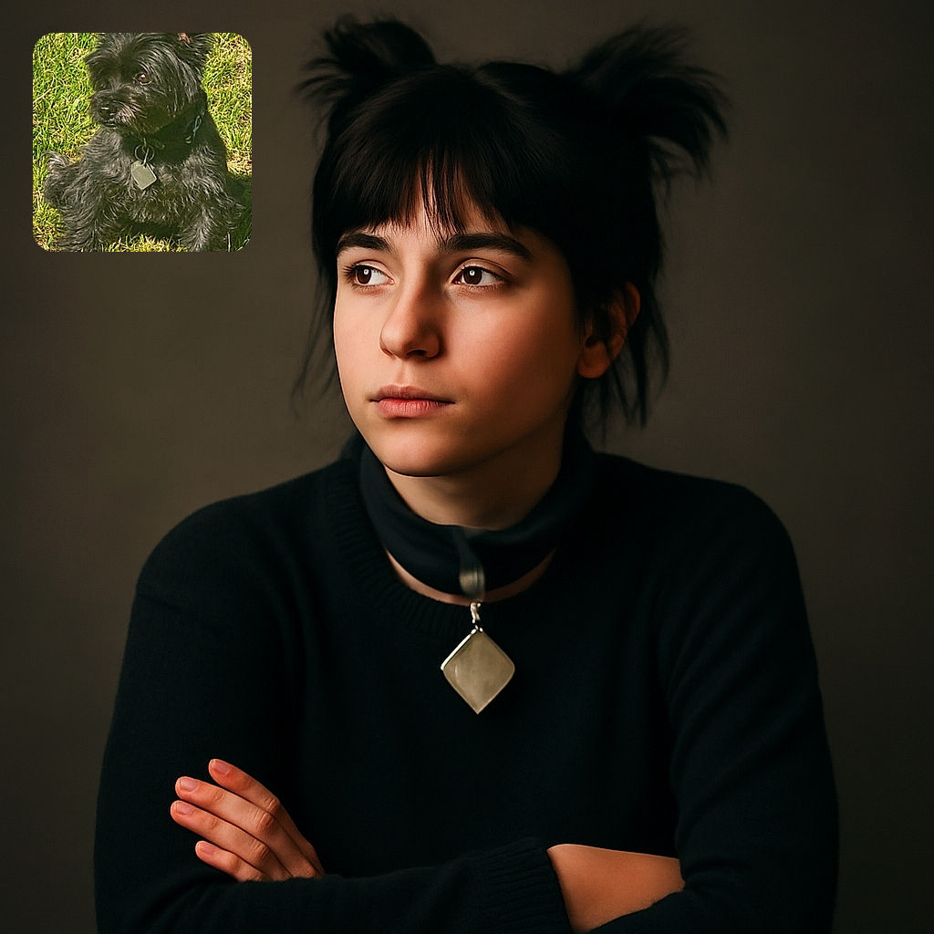 A fluffy black dog with a shiny collar tag lounges on a sunlit patch of green grass, looking off to the side with curious eyes and perky ears, enjoying a peaceful outdoor moment.