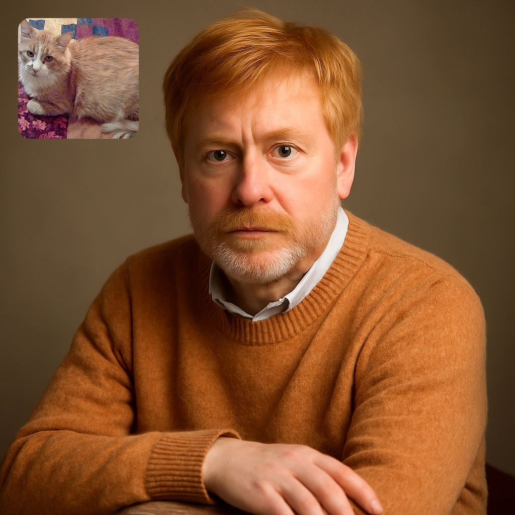 A fluffy orange and white cat is comfortably curled up on a colorful patchwork quilt, looking slightly curious or sleepy with its eyes half-open.