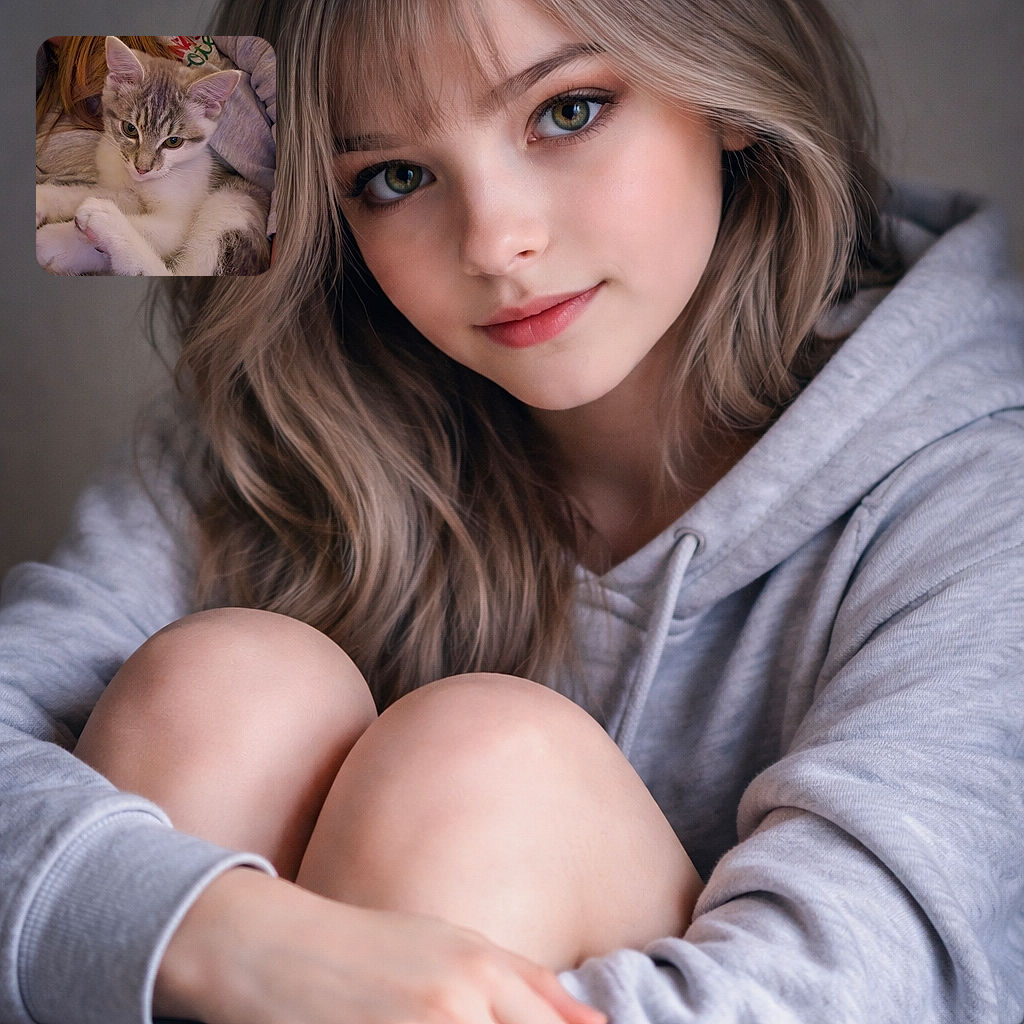 A pensive kitten perched in someone's lap like a tiny furry monarch — ears perked, paws curled, whiskers on full display, cozy in a sweatshirt and surrounded by a halo of human hair.