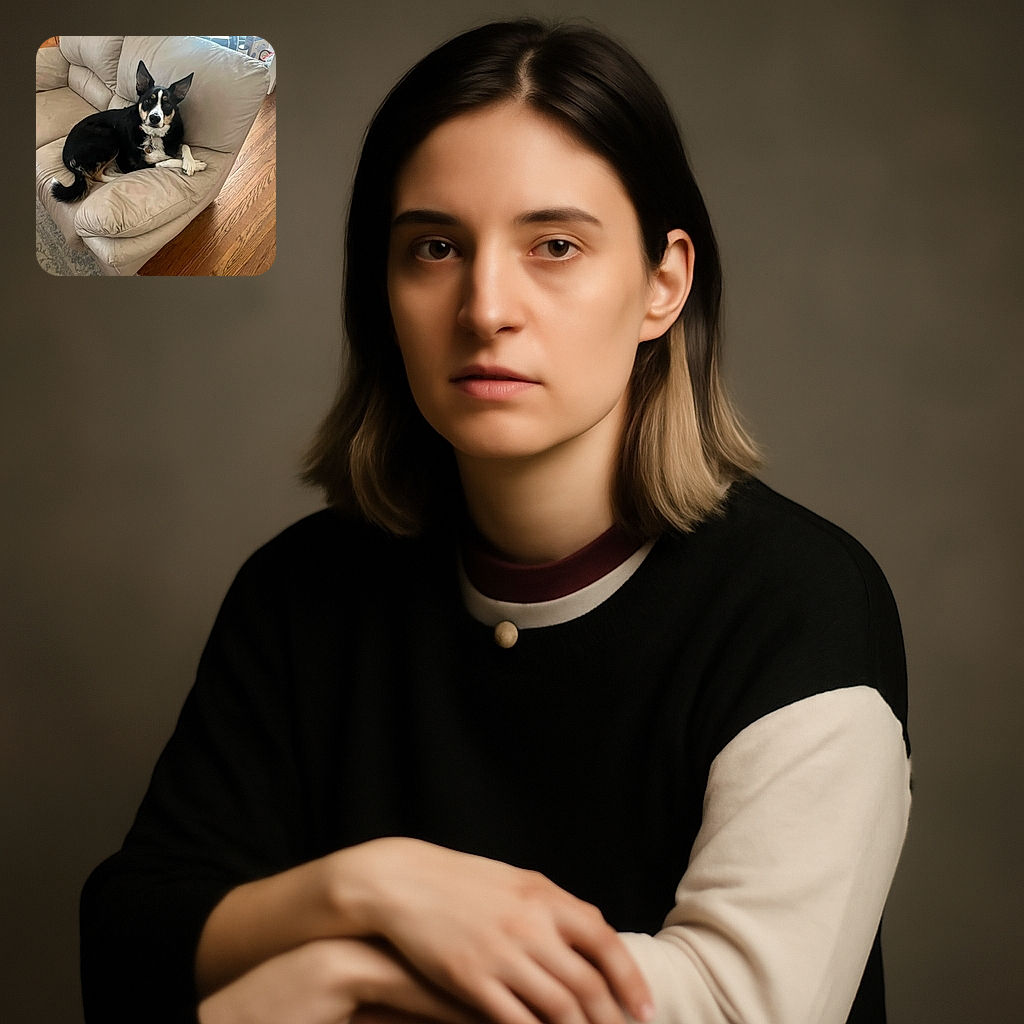 A relaxed black and white dog lounges comfortably on a beige couch, giving a calm and slightly curious look to the camera. The cozy indoor setting with wooden floors and a patterned rug adds to the homely vibe.