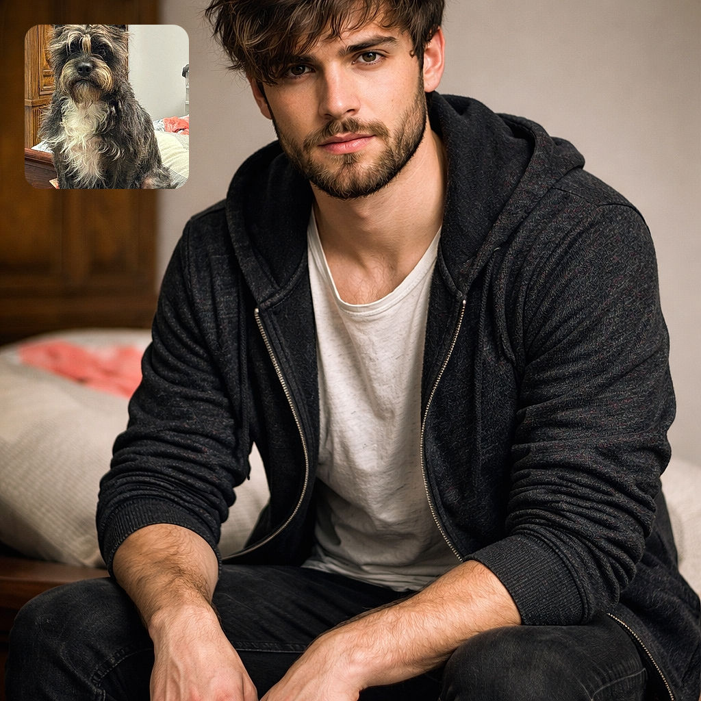 A scruffy, curious dog with a charming beard and expressive eyes sits attentively on a wooden surface in a cozy room, framed by a classic wooden cabinet and a comfy bed with colorful blankets.