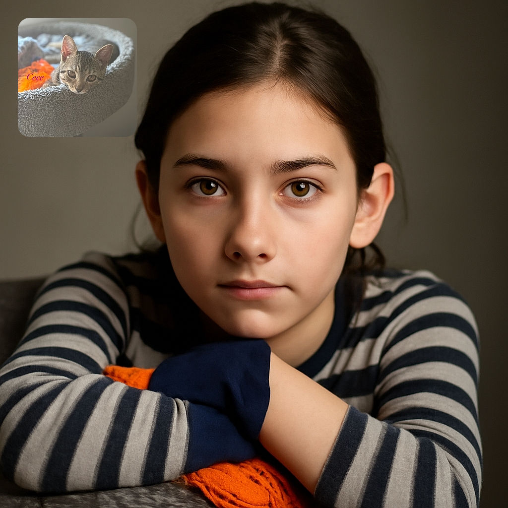 A curious tabby kitten named Cece lounges comfortably in a cozy, soft gray cat bed with an orange toy nearby. The photo has a gentle, warm light with a soft focus background, highlighting the kitten's expressive eyes and ears.