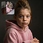 A small dog with a brindle coat and large ears is standing on its hind legs, wearing a cozy pink hoodie, looking curiously over a gray surface in a dimly lit room with wooden floors and some furniture.