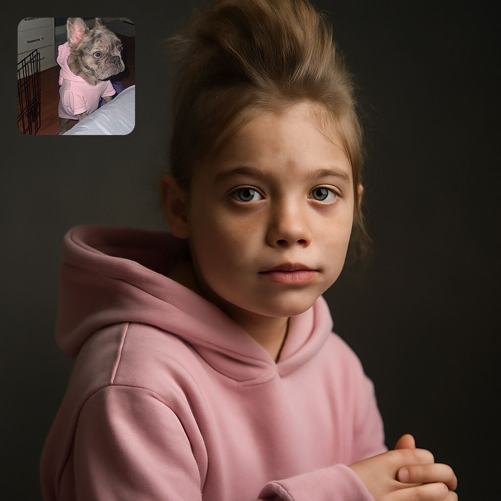 A small dog with a brindle coat and large ears is standing on its hind legs, wearing a cozy pink hoodie, looking curiously over a gray surface in a dimly lit room with wooden floors and some furniture.
