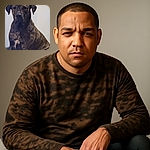 A large brindle dog sitting calmly on a cozy dog bed against a plain wall, looking straight ahead with a serious expression, as if contemplating the mysteries of life or waiting for a treat.
