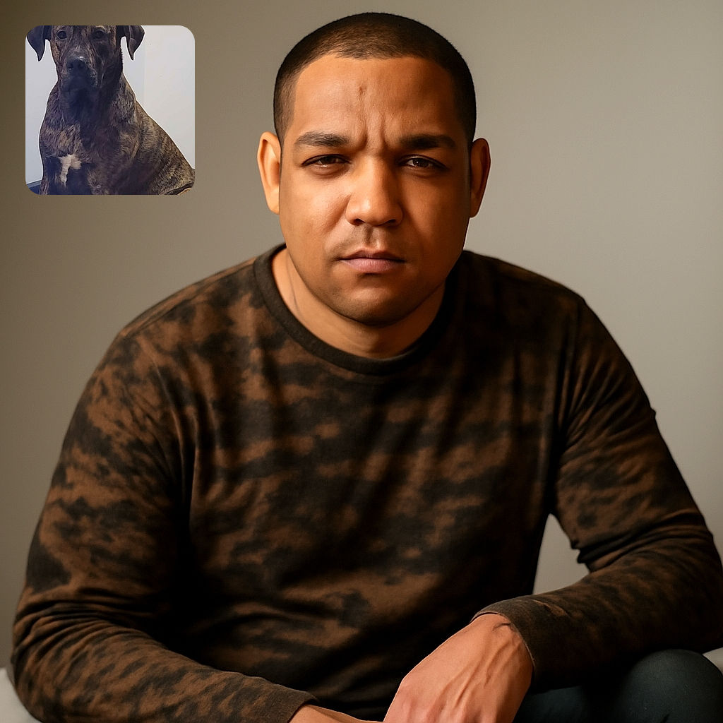 A large brindle dog sitting calmly on a cozy dog bed against a plain wall, looking straight ahead with a serious expression, as if contemplating the mysteries of life or waiting for a treat.
