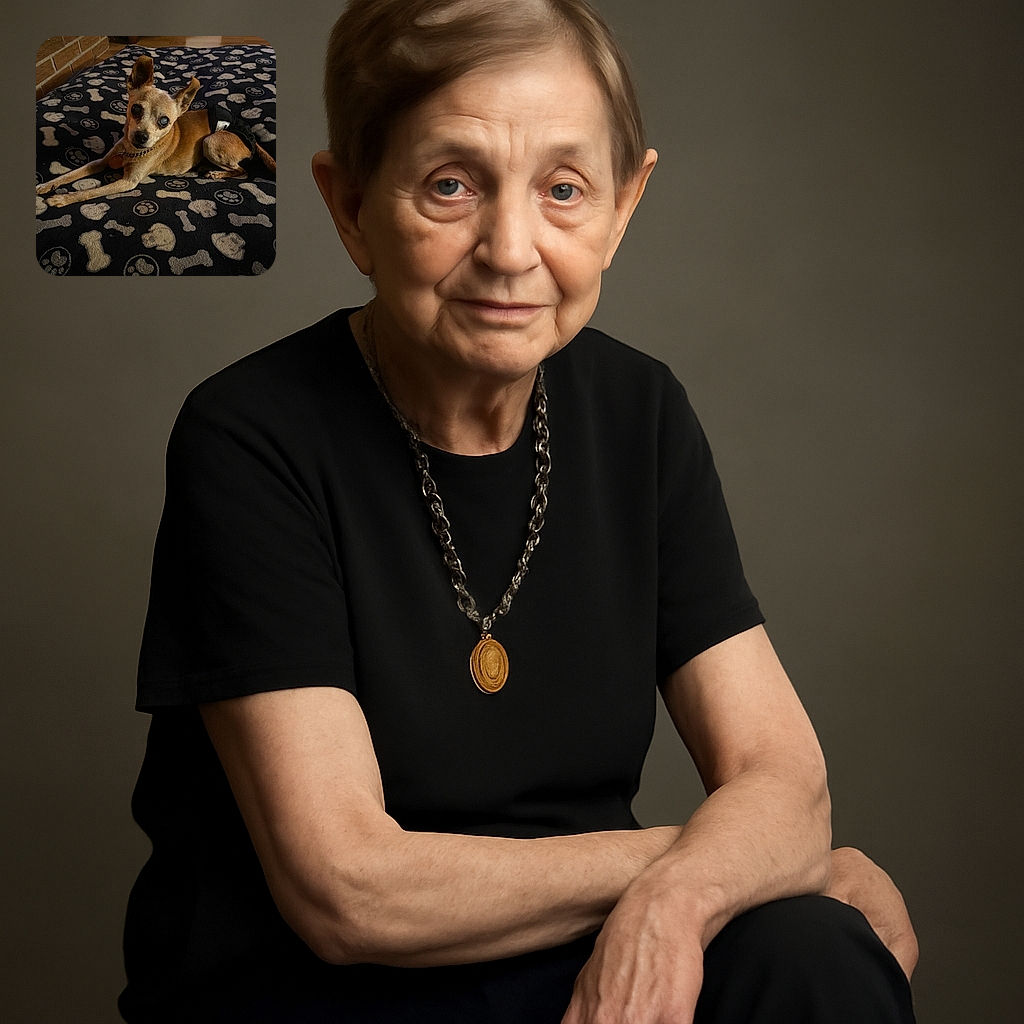 A small, senior dog with cloudy eyes lounges comfortably on a cozy black blanket patterned with bones and paw prints, looking curiously at the camera while wearing a black diaper, set against a warm indoor background with a brick wall and wooden floor.
