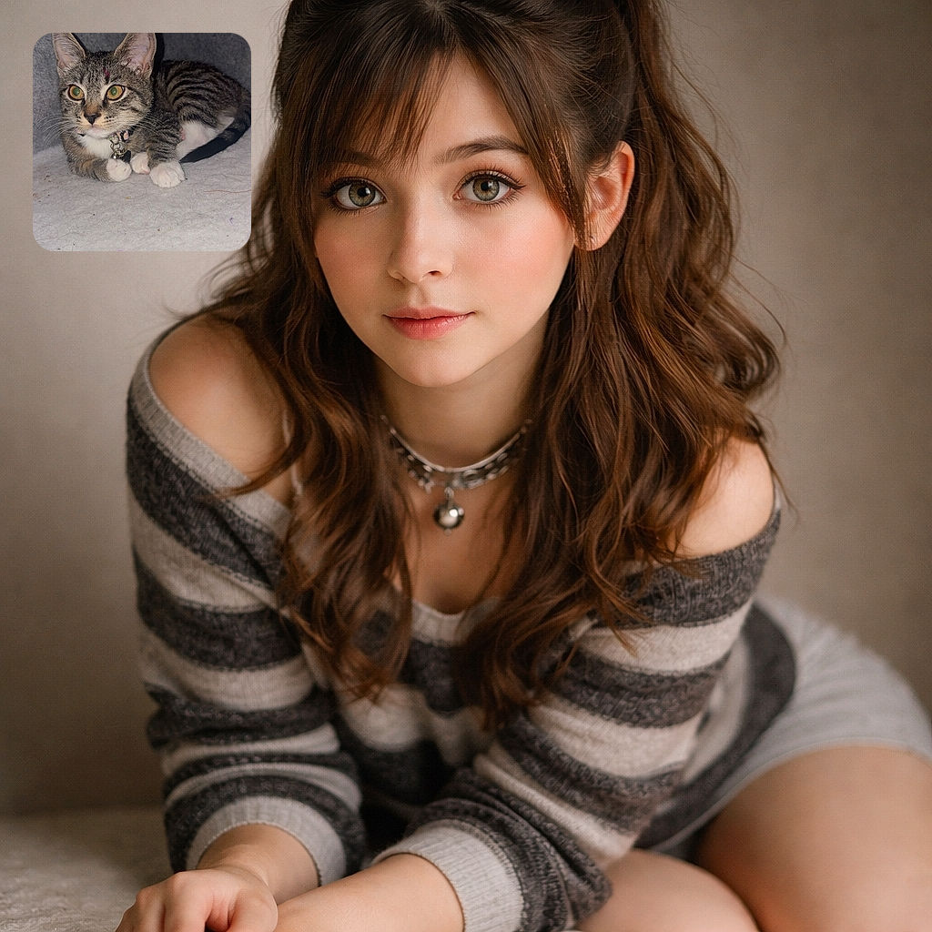 A wide-eyed tabby kitten tucked into a cozy cave, sporting a tiny bell and white mittens — part fierce hunter, part sleepy loaf, all judgmental cuteness.