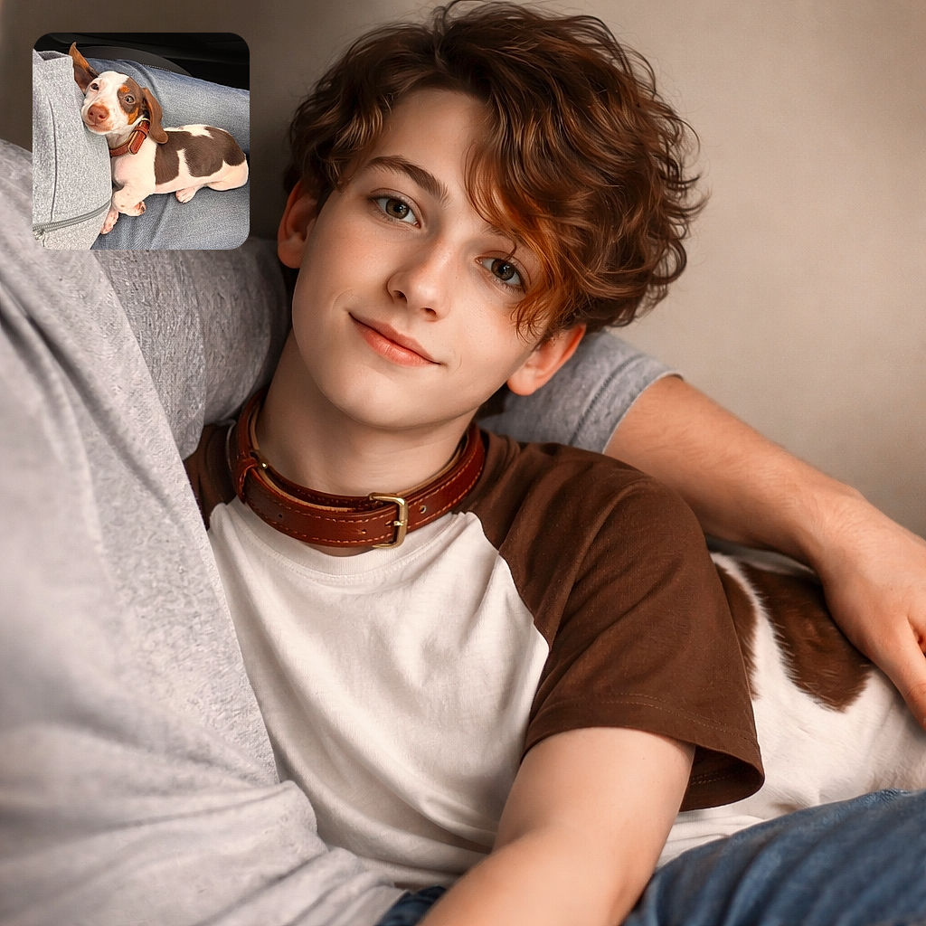 A tiny, adorable puppy with a brown and white coat is comfortably nestled on a person's lap, looking up with soulful eyes and a slightly tilted head, wearing a brown collar. The cozy setting includes denim jeans and a gray zip-up jacket, suggesting a warm, affectionate moment during a car ride.