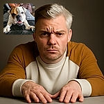 A charming bulldog stretches out on a black leather couch, looking adorably goofy with its tongue and teeth showing. The dog is front and center, with a cozy gray blanket underneath and a person in leopard print lounging in the background, adding a casual home vibe.