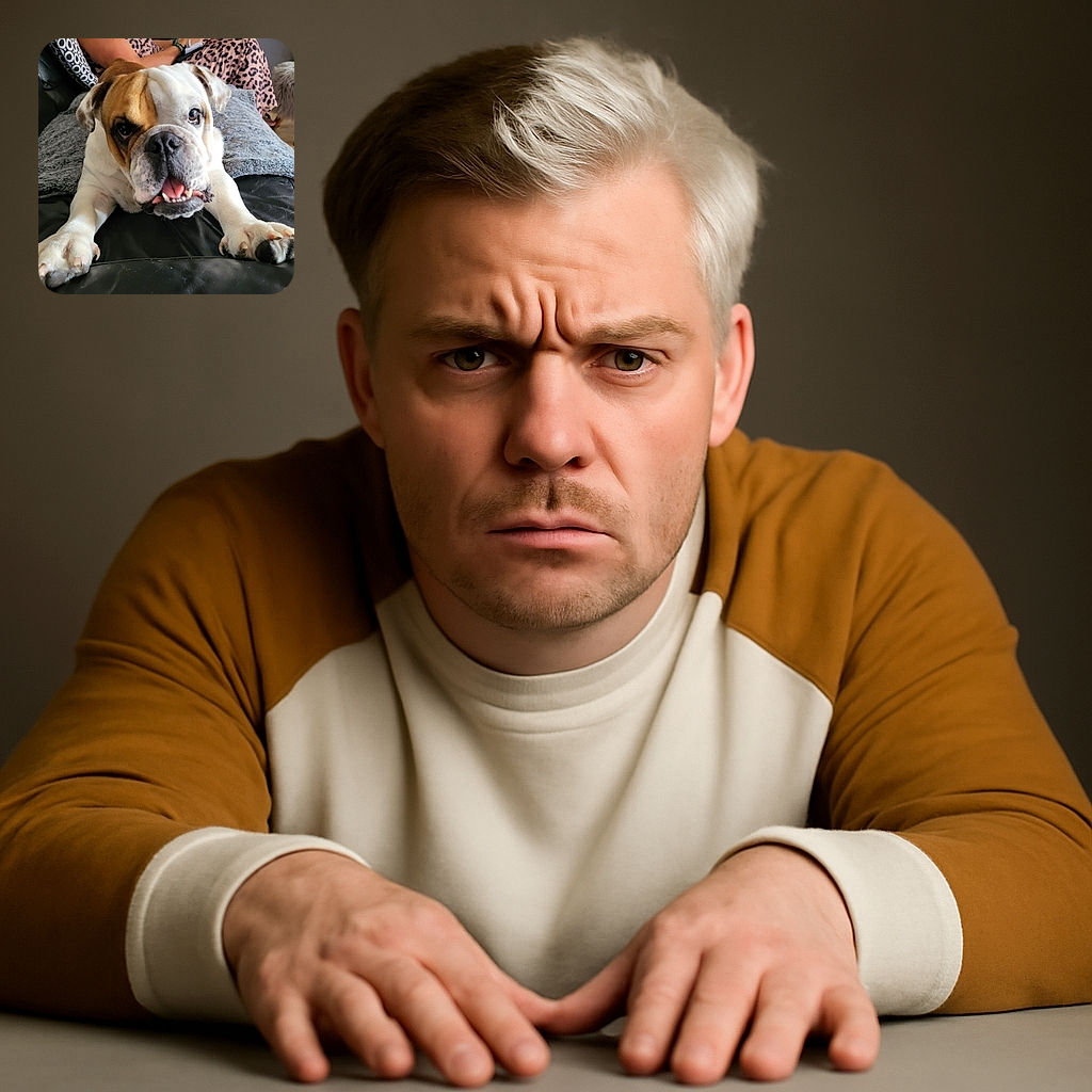 A charming bulldog stretches out on a black leather couch, looking adorably goofy with its tongue and teeth showing. The dog is front and center, with a cozy gray blanket underneath and a person in leopard print lounging in the background, adding a casual home vibe.