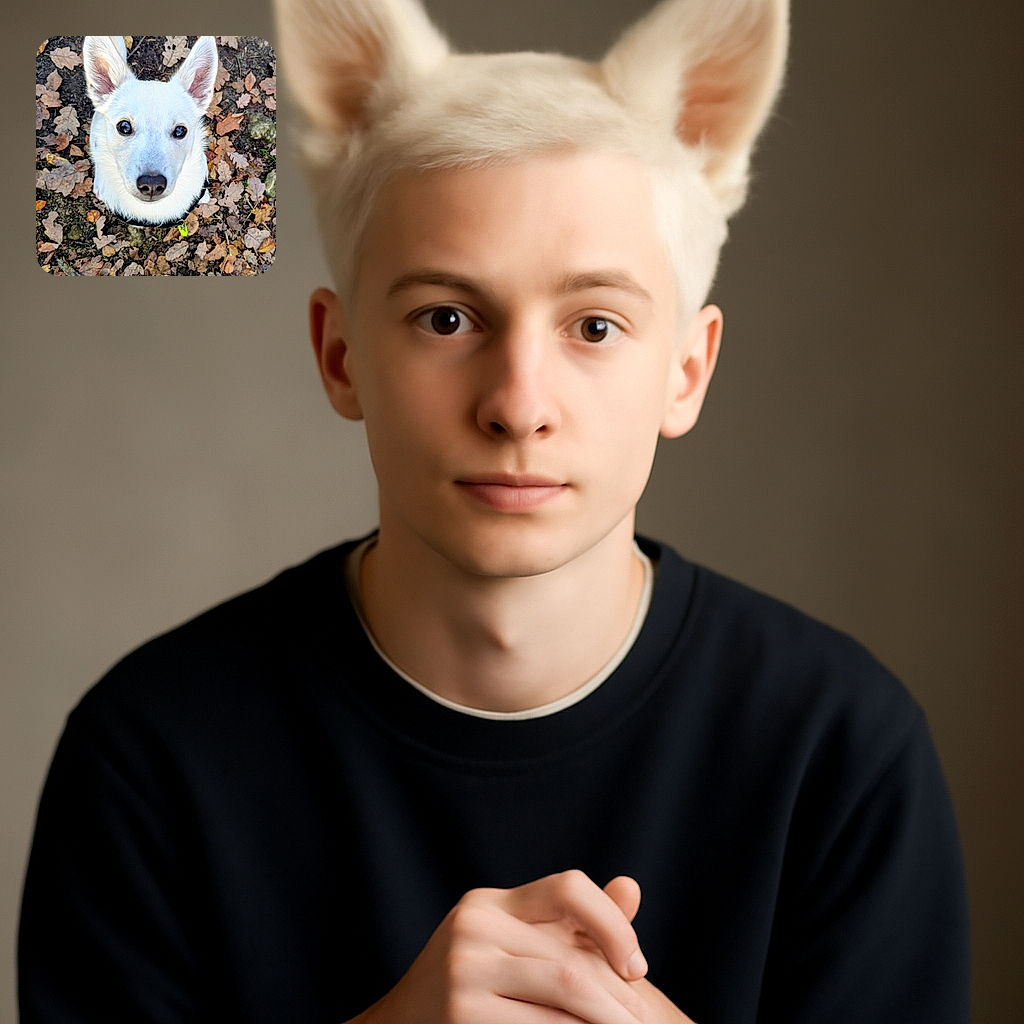 A curious white dog with big ears gazes up with shiny eyes, surrounded by a forest floor carpeted in autumn leaves, ready for an adventure or a treat.