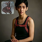 A sleek black dog with a pink harness is lounging comfortably on a plush blue armchair, striking a relaxed yet attentive pose. The dog's eyes reflect the camera flash with an amusing blue glow, adding a playful touch to the cozy indoor scene.