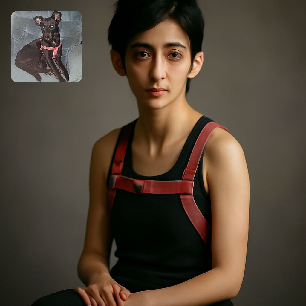 A sleek black dog with a pink harness is lounging comfortably on a plush blue armchair, striking a relaxed yet attentive pose. The dog's eyes reflect the camera flash with an amusing blue glow, adding a playful touch to the cozy indoor scene.