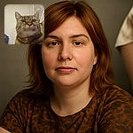 A close-up photo of a tabby cat with a blurry, out-of-focus effect that makes the cat's face appear fuzzy and indistinct, with a hint of a person's arm in the background and a blue crate on the side.