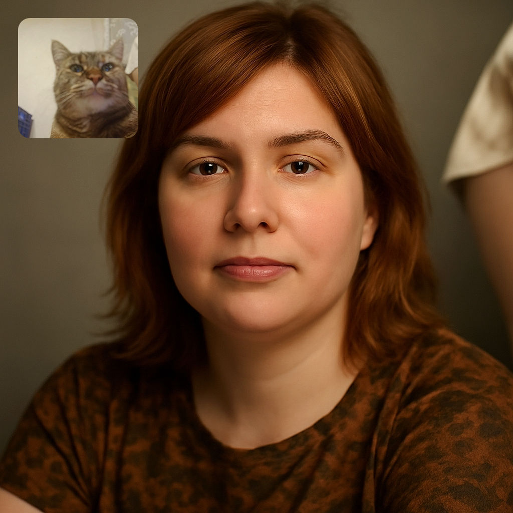 A close-up photo of a tabby cat with a blurry, out-of-focus effect that makes the cat's face appear fuzzy and indistinct, with a hint of a person's arm in the background and a blue crate on the side.