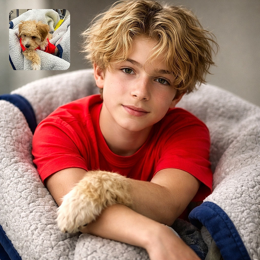 A curly-haired puppy in a red sweater is nestling into a fluffy sherpa blanket like it's claiming first-class comfort — one paw draped over the edge and a sleepy, suspicious side-eye toward the camera while a shopping cart and yellow tag peek in the background.