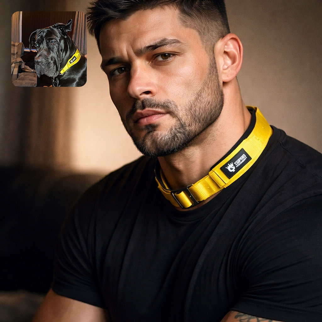 A large black dog with a shiny coat and a bright yellow collar sits on a couch in a cozy room. The dog looks thoughtful or slightly sad, with one ear flopped back. In the background, a cushioned chair and a window with closed blinds and curtains add to the homely atmosphere.