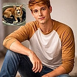 A charming dog lounges comfortably in a round pet bed inside a fenced area, looking attentively at the camera with big ears perked up. The setting is cozy with a bone toy and blankets, and the tiled floor adds a clean, homey vibe.