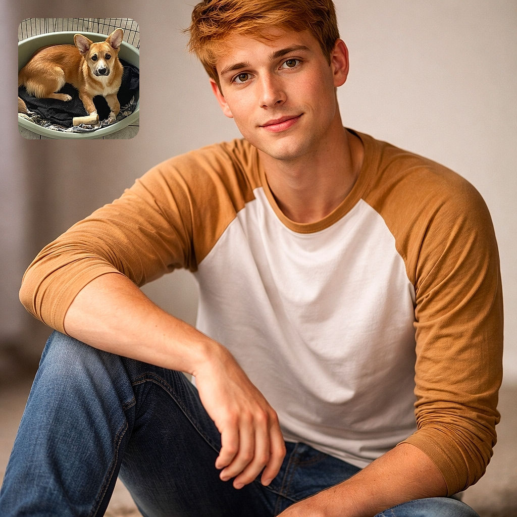 A charming dog lounges comfortably in a round pet bed inside a fenced area, looking attentively at the camera with big ears perked up. The setting is cozy with a bone toy and blankets, and the tiled floor adds a clean, homey vibe.
