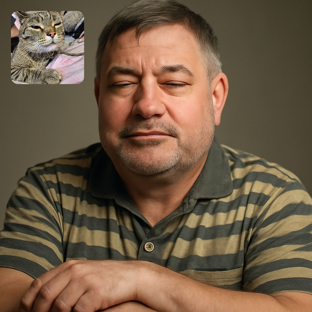 A close-up of a relaxed tabby cat with a slightly squinting expression, resting its paw on a soft, light-colored blanket. The cat's pink nose and detailed fur texture are clearly visible, giving off a cozy and sleepy vibe.