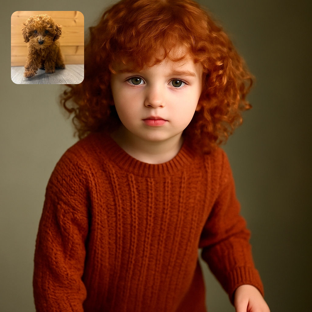 A fluffy, curly-haired brown puppy is stepping forward on a wooden floor with a wooden wall background, looking adorably curious with big shiny eyes. The soft focus and warm tones add to the cozy, heart-melting vibe.